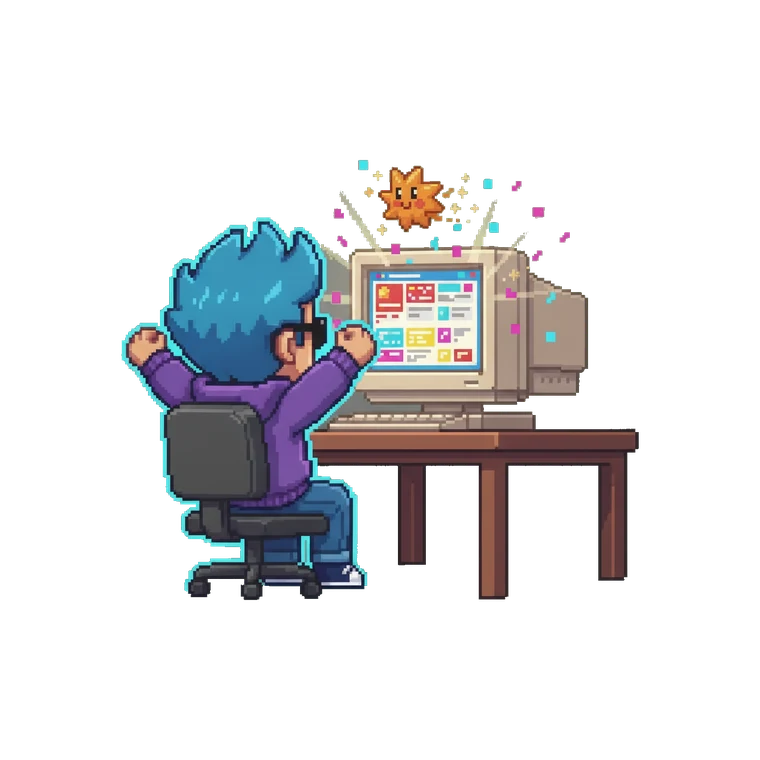 Mascot cheering at a finished website blooming on the screen