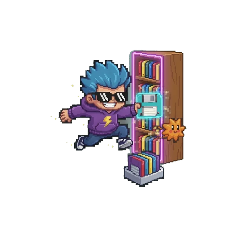 Mascot pulling a glowing floppy off a shelf packed with skill floppies