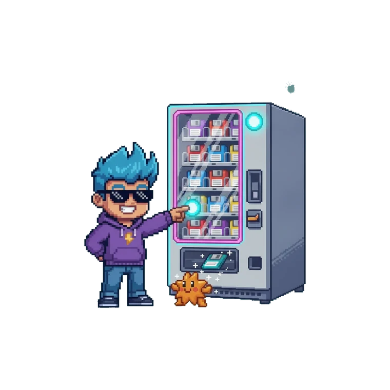 Mascot picking a floppy from a glowing retro vending machine